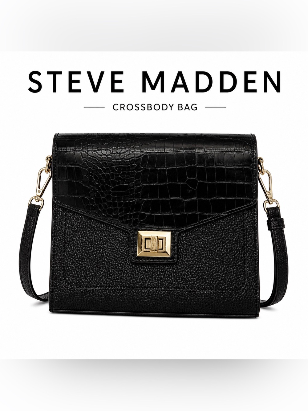 Steve Madden Black Croc-Embossed Crossbody with Gold Turn-Lock